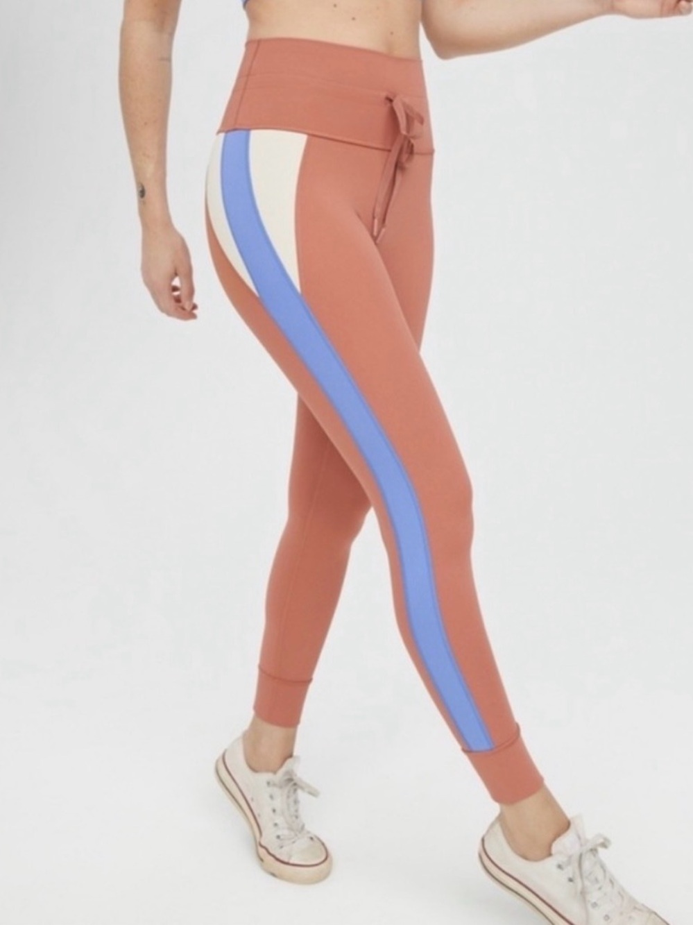 aerie Rust High-Rise Leggings with Blue and Cream Side Stripes
